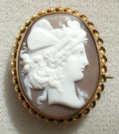 Victorian Bull Mouth Shell Portrait Cameo Gold Brooch  