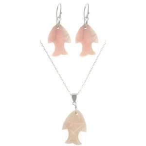 Sterling Silver Pink Shell Fish Shaped Drop Earrings and Pendant Set 