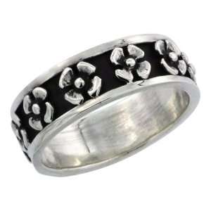   Silver 4 Petal Flower Ring Band, 9/32 in. (7 mm) wide, size 12