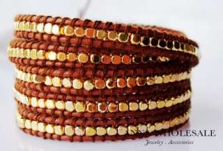   Womens Men Silver/Gold Mix beads Leather stand Cuff wrap bracelets