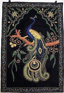 Peacock Wall Hanging Rug Jewel Carpet Kashmir Hand Embroidery Indian 