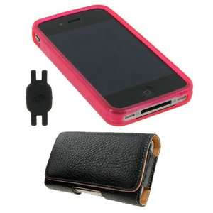 Magenta Circle Design TPU Silicone Crystal Skin + Leather Holster Case 