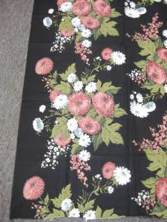 vtg 1950s Black Floral Bark Cloth Drape Fabric  