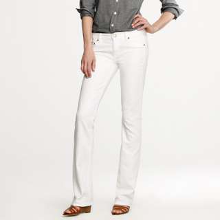 Our favorite white bootcut jean is back. Cotton with a hint of stretch 