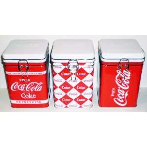    3 Piece Coca Cola Square Lock Top Tin Canisters: Kitchen & Dining