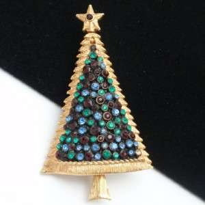 Xmas Christmas Tree Brooch Pin Vintage Jewel Tones  