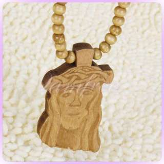 Wooden Jesus piece Christ Rosary God Pendant Necklace round beads 
