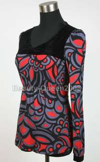 Elegant Tunic Top Red/Gray/Black Blouse Long Sleeve S M  