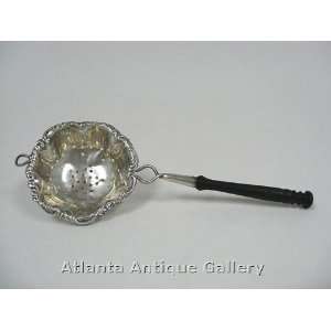  Rare Antique Sterling Tea Strainer with Wood Turned Handle 