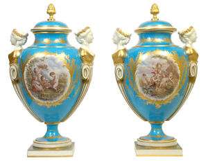 Pair Antique Sevres Style Neoclassical Porcelain Vases  