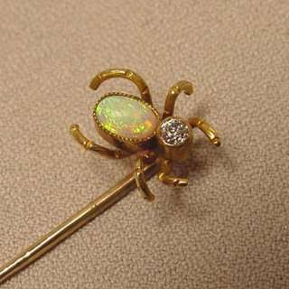 Antique Opal Diamond 14K Spider Stickpin  