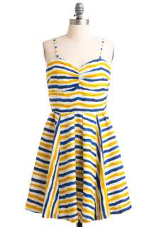   Blue, White, Stripes, Pleats, A line, Spaghetti Straps, Summer, Print