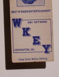 1940s Matchbook ABC Network Radio WKEY Key Covington VA  