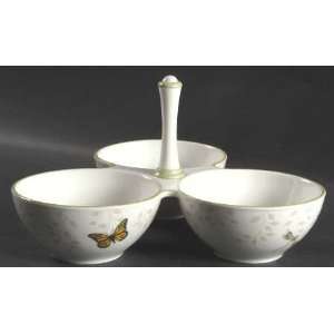 Lenox China Butterfly Meadow 3 Part Condiment Server W/Center Handle 