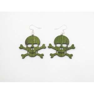  Apple Green Skull and Crossbones Wooden Earrings: GTJ 