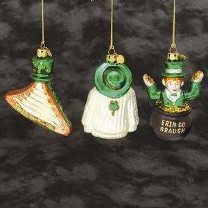 Set Of 3 Irish Leprechaun Shamrock Glass Christmas Ornament #C1661