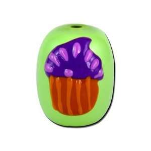  17mm Green Hand Painted Cupcake with Purple Frosting 