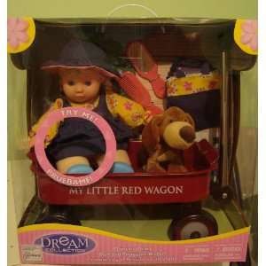    Adorable Lauging Doll with Puppy on Little Red Wagon Toys & Games
