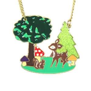 Cartoon Deer Necklace Green Glitter Pine Tree Pendant Retro Toadstool 