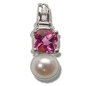    .03 ct 5mm Checkercut Mystic Pink Topaz 6Mm Pearl Pendant Jewelry