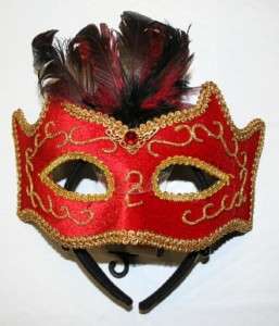 Red Venetian Mask with Feathers Mardi Gras Masquerade  