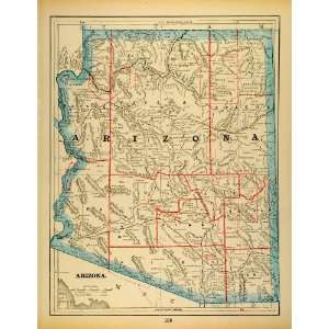 1893 Print Map Arizona State Counties Cities Indian Reservations 