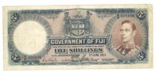 FIJI * 5 Shillings 1/6/1951 VF+ *King George VI *SCARCE BANKNOTE 