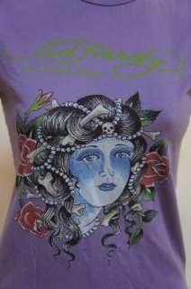 ED HARDY Geisha Skull Roses Purple Shirt Tee Top Sz M  