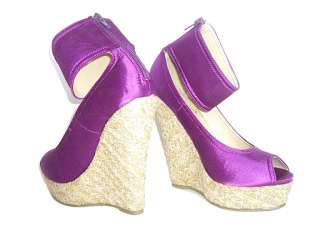 NEW Purple Satin zip Wedge Peeptoe Platform Shoe Sandal  