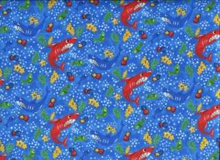 CARTOON BLUE & RED SHARKS ON BLUE~ Cotton Quilt Fabric  