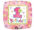 Happy First Birthday Stars and Circles Baby Girl Mylar Foil Balloon