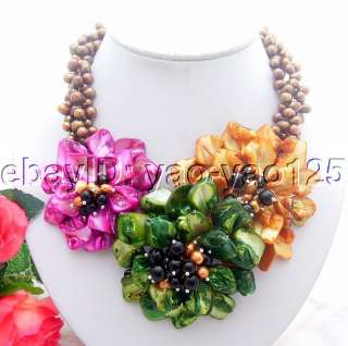 Charming! 3Strds Brown Pearl&Shell Flower Necklace  