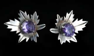 DECO Vintage MEXICAN Silver EARRINGS Simulated ALEXANDRITE Gems MAPLE 