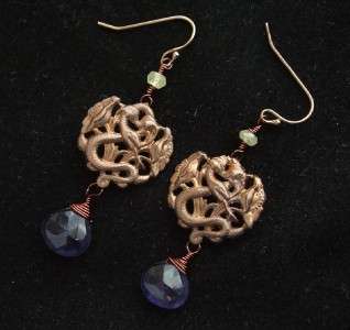 18k Chocolate Gold Vermeil Vintage French Tree Snake Iolite Earrings 
