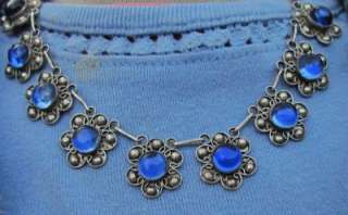   STERLING SILVER BLUE STONE GLASS NECKLACE EARRINGS PIN SET  
