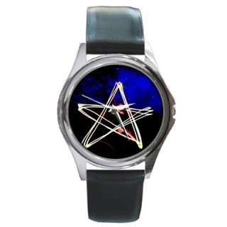 Wiccan Pentagram at Night Black Silver Leather Watch  