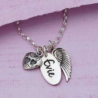 Personalised name charm with angel wing and heart charm main image