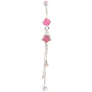   Belly Ring with Pink Crystals   Star Dangling with Chains Jewelry