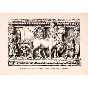 1896 Wood Engraving Roman Family Travelling Cart Carpentum Sculpture 