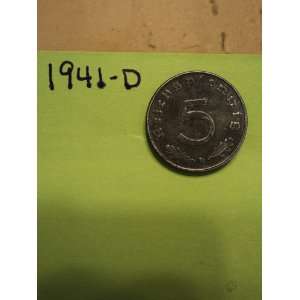 1941 D Nazi Swastika 5 Pf, WWII German Coin Everything 