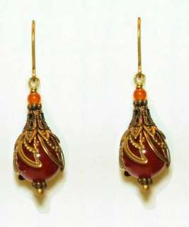 Art Nouveau Victorian Vintage Style Bronze Genuine Carnelian Earrings 