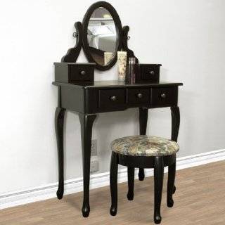 Black Vanity Table Set Jewelry Armoire Makeup Desk Bench Drawer