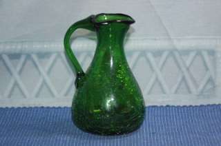 Vintage Blenko Art Glass Emerald Green Crackle Glass Pitcher Creamer 