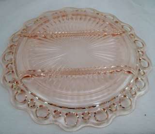 Pink Glass Sectioned Serving Dish Plate Scalloped Edge  