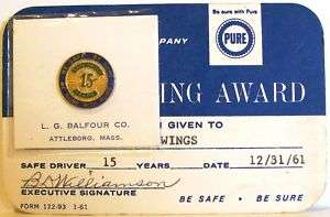 1961 PURE OIL CO. 15 YEAR SAFE DRIVER AWARD SERVICE PIN  