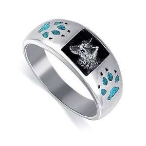    Sterling Silver Turquoise Inlay Wolf Band Ring Size 9 Jewelry