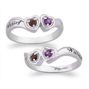   Sterling Silver Couples Birthstone Hearts & Name Ring Jewelry