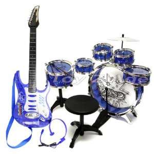 BLUE 11pc Kids Boy Girl Drum Set Musical Instrument Toy Playset + Rock 