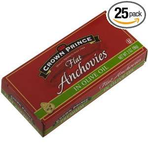 Crown Prince Flat Anchovies in Olive Oil, 2 Ounce Cans (Pack of 25 
