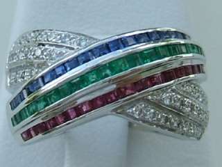   White Gold Ruby Emerald Sapphire & Diamond Cris Cross Ring, New  